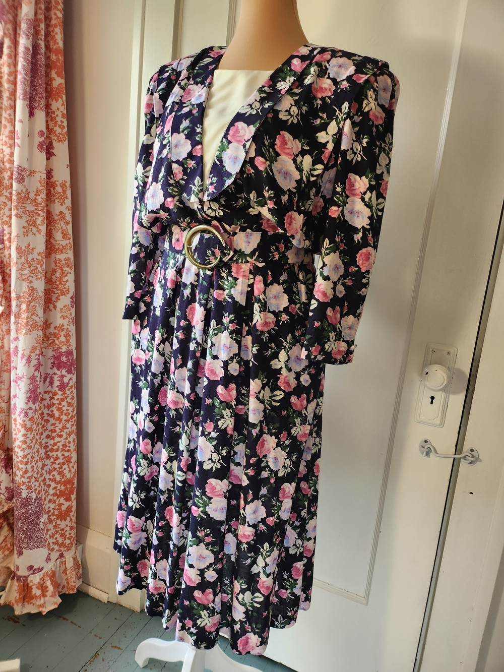 Vtg REO Originals Union-Made 80s Floral Belted Dress